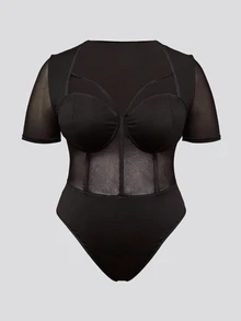 Firerie Plus Size Elegant Commuter Black Mesh Patchwork Sexy Cup Patchwork Hollow Out Design Fishbone Short Sleeve Bodysuit - Black - View 6