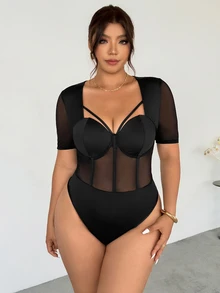 Firerie Plus Size Elegant Commuter Black Mesh Patchwork Sexy Cup Patchwork Hollow Out Design Fishbone Short Sleeve Bodysuit - Black - View 4