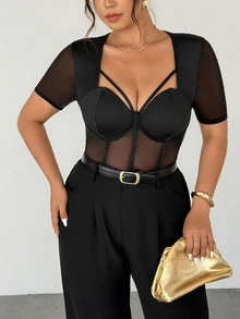 Firerie Plus Size Elegant Commuter Black Mesh Patchwork Sexy Cup Patchwork Hollow Out Design Fishbone Short Sleeve Bodysuit - Black - View 3