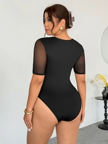 Firerie Plus Size Elegant Commuter Black Mesh Patchwork Sexy Cup Patchwork Hollow Out Design Fishbone Short Sleeve Bodysuit - Black - View 2