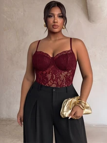 Firerie Kamisol Bodycon Bertali Tipis Renda Seksi Modern Ukuran Plus untuk Wanita Cantik - Burgundy - View 2