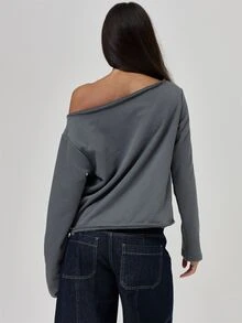 MUSERA Blue Graphic Off Shoulder Long Sleeve Top Fall Autumn Winter Coolgirl Back To School Blancs - Grey - View 5