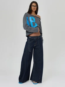 MUSERA Blue Graphic Off Shoulder Long Sleeve Top Fall Autumn Winter Coolgirl Back To School Blancs - Grey - View 3