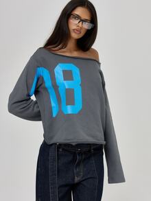 MUSERA Blue Graphic Off Shoulder Long Sleeve Top Fall Autumn Winter Coolgirl Back To School Blancs - Grey - View 2