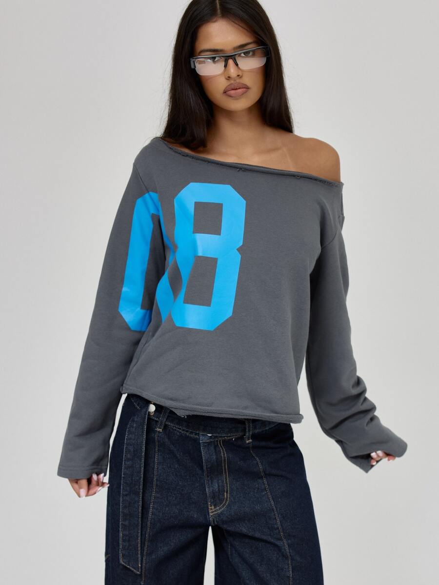MUSERA Blue Graphic Off Shoulder Long Sleeve Top Fall Autumn Winter Coolgirl Back To School Blancs - Grey - View 1