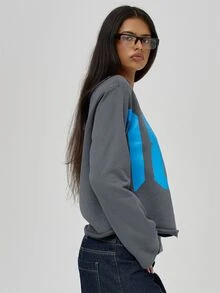 MUSERA Blue Graphic Off Shoulder Long Sleeve Top Fall Autumn Winter Coolgirl Back To School Blancs - Grey - View 4