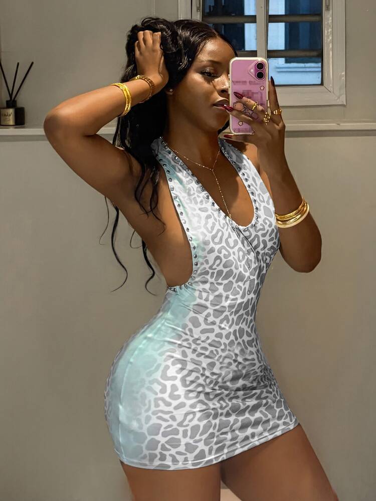 Fiercella Fiercella 女款掛脖白色動物印花領口金屬裝飾修身短洋裝，性感夏日夜店派對風 - 彩色 - 查看 5