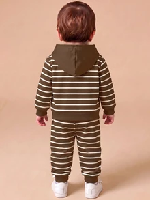 嬰兒幼兒連帽長袖加厚抓絨運動衫與運動褲休閒舒適套裝，經典復古條紋圖案印花，可愛長頸鹿、獅子、老虎、豹子、河馬越野車巡邏圖案印花，適合秋冬季節 - 彩色 - 查看 5