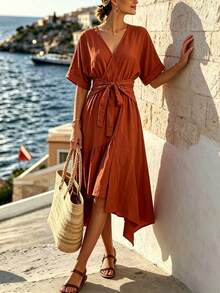 SHEIN Holidaya 1. V领系腰中长连衣裙 - 适合海滩、度假和休闲穿着，波西米亚风蓝色不对称下摆连衣裙 | 女士必备夏季度假连衣裙，轻盈裹身裙，优雅休闲 | V领短袖连衣裙，旅行和派对的完美之选 - 亮橙色 - 查看 3