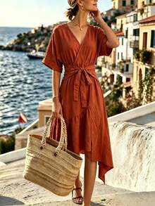 SHEIN Holidaya 1. V领系腰中长连衣裙 - 适合海滩、度假和休闲穿着，波西米亚风蓝色不对称下摆连衣裙 | 女士必备夏季度假连衣裙，轻盈裹身裙，优雅休闲 | V领短袖连衣裙，旅行和派对的完美之选 - 亮橙色 - 查看 6