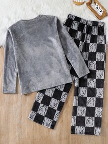 SHEIN 青少年男孩 2件組可愛休閒動物印花絨毛睡衣套裝，適合秋冬穿著，附抓絨內裡保暖 - 彩色 - 查看 4