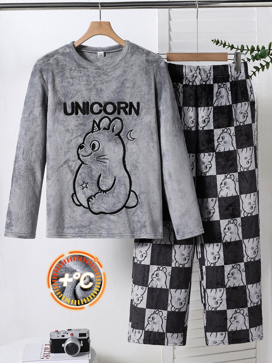 SHEIN 青少年男孩 2件組可愛休閒動物印花絨毛睡衣套裝,適合秋冬穿著,附抓絨內裡保暖 - 彩色 - 查看 1