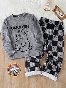 SHEIN 青少年男孩 2件組可愛休閒動物印花絨毛睡衣套裝，適合秋冬穿著，附抓絨內裡保暖 - 彩色 - 查看 3