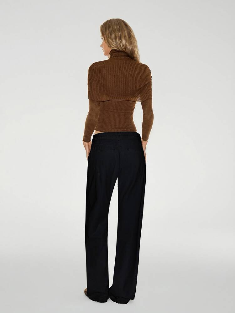ATUI Studio Setelan 2 Potong Sweater Syal Pas Badan Leher Tinggi Warna Polos - Coklat - View 3