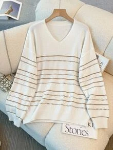 SHEIN LUNE Plus Size White Colorblock Long Sleeve Comfortable Pullover Sweater Autumn Formal Graduation Club Home Wear Evening Casual Corset Traditional Elegant - Multicolor - View 1
