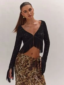 SHEIN BAE Áo croptop nữ màu trơn đính sequin gấu tua rua - màu đen - Xem 3