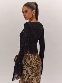 SHEIN BAE Áo croptop nữ màu trơn đính sequin gấu tua rua - màu đen - Xem 2