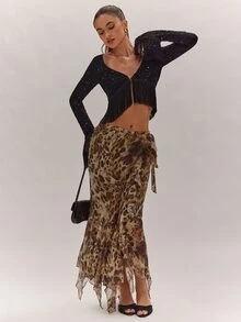 SHEIN BAE Áo croptop nữ màu trơn đính sequin gấu tua rua - màu đen - Xem 4