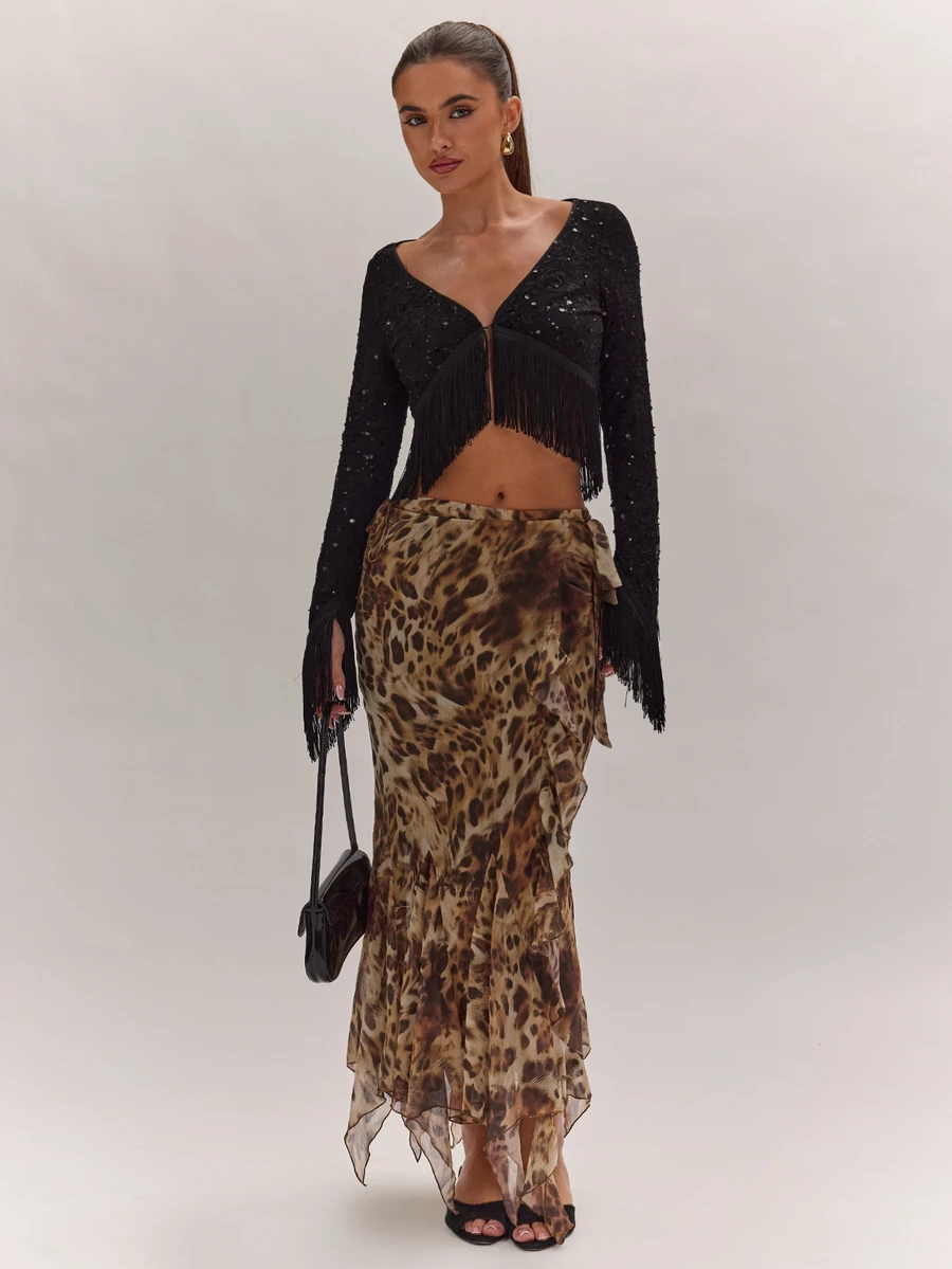 SHEIN BAE Áo croptop nữ màu trơn đính sequin gấu tua rua - màu đen - Xem 1