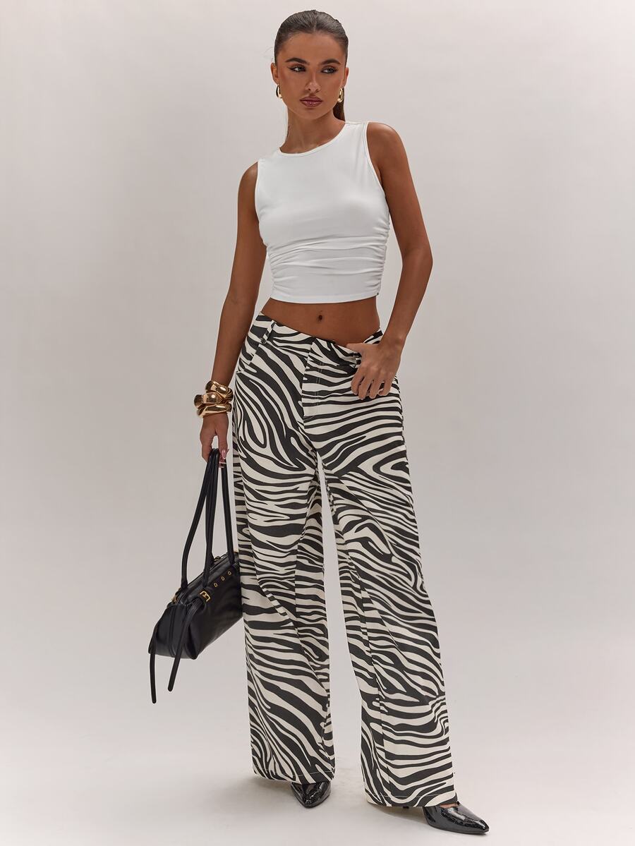 SHEIN BAE Women's Zebra Print Wide Leg Loose Casual Long Pants With Pockets,Thanksgiving,Holiday Party, - Black and White - View 1