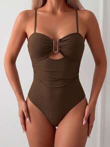 SHEIN Swim 1pc Solid Color Hollow Metal Decor One-Piece Swimsuit, For Summer Beach Vacation - Brown - View 5