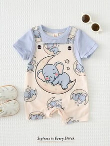 Cozy Pixies Baju Terusan Bayi Laki-Laki Motif Dinosaurus Kartun Rajut Lembut Leher Bulat Lengan Pendek - MultiWarna - View 6