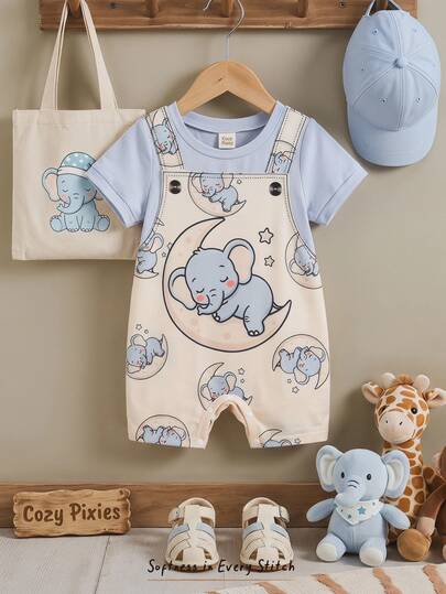 Cozy Pixies Baju Terusan Bayi Laki-Laki Motif Dinosaurus Kartun Rajut Lembut Leher Bulat Lengan Pendek