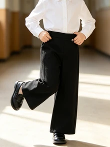 SHEIN Elladie kids 女童 2件組純黑色寬腿長褲，休閒鬆緊腰帶搭配小花鈕扣裝飾，秋季開學日常穿著 - 黑色 - 查看 7