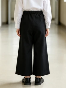 SHEIN Elladie kids 女童 2件組純黑色寬腿長褲，休閒鬆緊腰帶搭配小花鈕扣裝飾，秋季開學日常穿著 - 黑色 - 查看 5