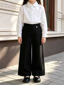 SHEIN Elladie kids 女童 2件組純黑色寬腿長褲，休閒鬆緊腰帶搭配小花鈕扣裝飾，秋季開學日常穿著 - 黑色 - 查看 4