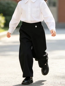 SHEIN Elladie kids 女童 2件組純黑色寬腿長褲，休閒鬆緊腰帶搭配小花鈕扣裝飾，秋季開學日常穿著 - 黑色 - 查看 8