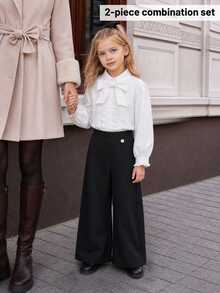 SHEIN Elladie kids 女童 2件組純黑色寬腿長褲，休閒鬆緊腰帶搭配小花鈕扣裝飾，秋季開學日常穿著 - 黑色 - 查看 3