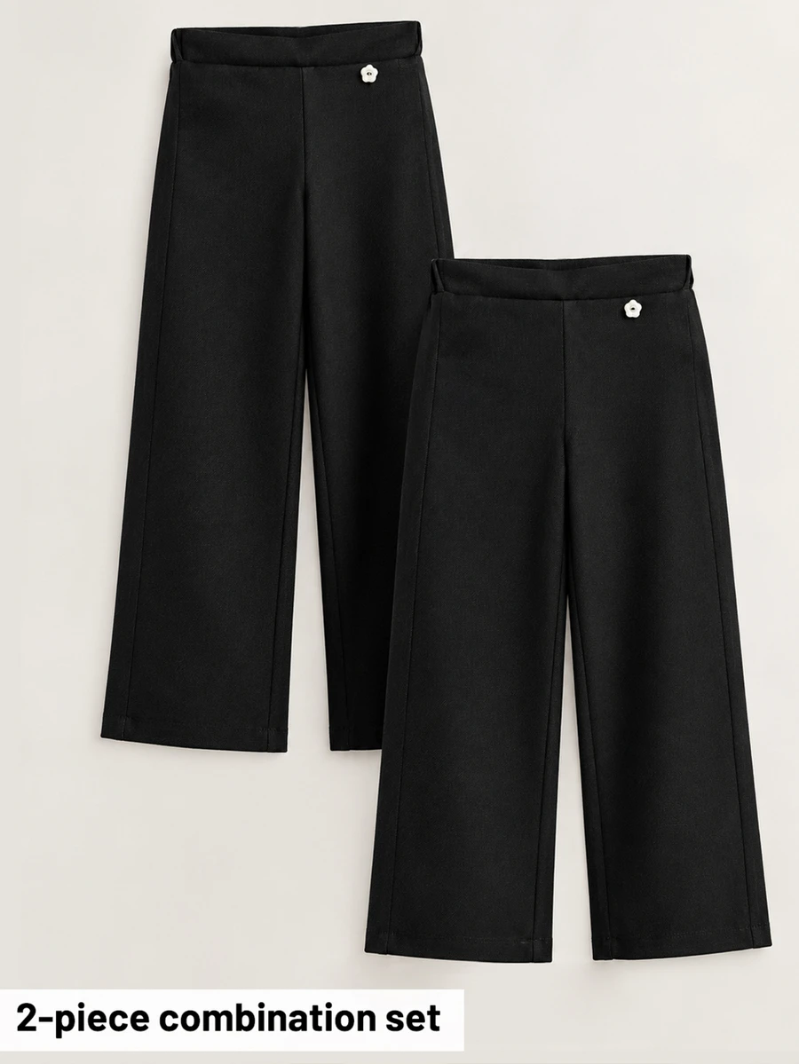 SHEIN Elladie kids 女童 2件組純黑色寬腿長褲,休閒鬆緊腰帶搭配小花鈕扣裝飾,秋季開學日常穿著 - 黑色 - 查看 1
