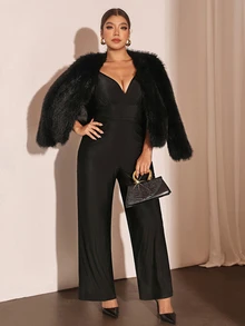 Cravure Jumpsuit Kasual Sehari-hari Warna Polos untuk Wanita Ukuran Besar - Hitam - View 5