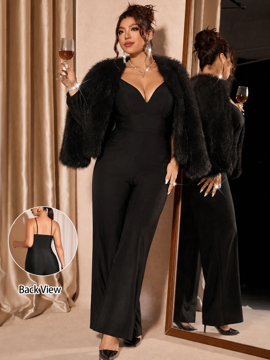 Cravure Jumpsuit Kasual Sehari-hari Warna Polos untuk Wanita Ukuran Besar - Hitam - View 1
