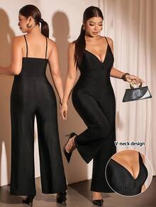 Cravure Jumpsuit Kasual Sehari-hari Warna Polos untuk Wanita Ukuran Besar - Hitam - View 10