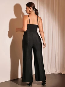 Cravure Jumpsuit Kasual Sehari-hari Warna Polos untuk Wanita Ukuran Besar - Hitam - View 2