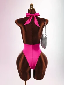 Amplova Rhinestone Sexy Daily Wear Halter Neck Bodysuit Party Club Night Out Hot Pink Summer - Pink - View 8