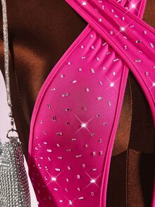 Amplova Rhinestone Sexy Daily Wear Halter Neck Bodysuit Party Club Night Out Hot Pink Summer - Pink - View 6