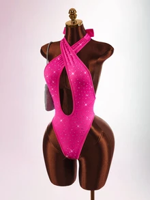 Amplova Rhinestone Sexy Daily Wear Halter Neck Bodysuit Party Club Night Out Hot Pink Summer - Pink - View 3