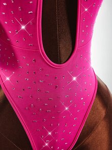 Amplova Rhinestone Sexy Daily Wear Halter Neck Bodysuit Party Club Night Out Hot Pink Summer - Pink - View 7