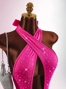 Amplova Rhinestone Sexy Daily Wear Halter Neck Bodysuit Party Club Night Out Hot Pink Summer - Pink - View 5