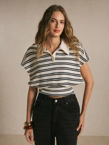 Poéselle Atasan Wanita Lengan Pendek Bermotif Garis-garis dengan Kerah dan Kancing di Pinggang - Hitam dan Putih - View 3