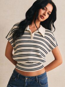 Poéselle Atasan Wanita Lengan Pendek Bermotif Garis-garis dengan Kerah dan Kancing di Pinggang - Hitam dan Putih - View 1