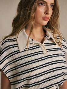 Poéselle Atasan Wanita Lengan Pendek Bermotif Garis-garis dengan Kerah dan Kancing di Pinggang - Hitam dan Putih - View 8