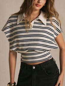 Poéselle Atasan Wanita Lengan Pendek Bermotif Garis-garis dengan Kerah dan Kancing di Pinggang - Hitam dan Putih - View 4