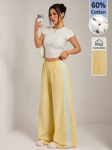 SHEIN PETITE بنطلون رياضي نسائي أصفر محبوك كاجوال بخط جانبي - أوزة صفراء - مشاهدة 5
