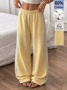 SHEIN PETITE بنطلون رياضي نسائي أصفر محبوك كاجوال بخط جانبي - أوزة صفراء - مشاهدة 3