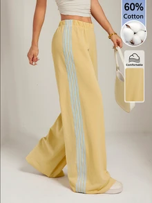 SHEIN PETITE بنطلون رياضي نسائي أصفر محبوك كاجوال بخط جانبي - أوزة صفراء - مشاهدة 8