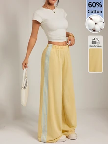 SHEIN PETITE بنطلون رياضي نسائي أصفر محبوك كاجوال بخط جانبي - أوزة صفراء - مشاهدة 10